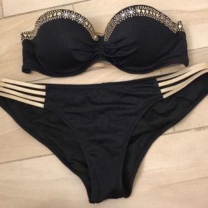Black Rhinstone Strapless Bikini Set
